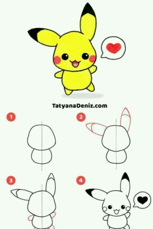 Tutorial de desenho passo a passo de um Pikachu fofo com uma bolha de coração perto da boca, começando pelas formas básicas até os detalhes finais. Este guia de desenho faceis fornece instruções claras passo a passo para artistas de todos os níveis.