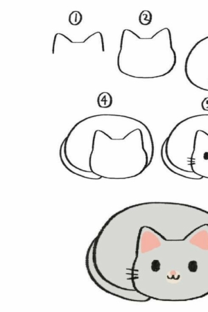 Tutorial de desenho passo a passo de um gato fofo enrolado, de formas simples a uma ilustração colorida e completa. Desenhos faceis de fazer tornam este guia perfeito para iniciantes.