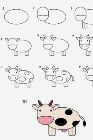 Um guia passo a passo para desenhar uma vaca de desenho animado, de um formato oval até uma vaca totalmente colorida com manchas e uma cauda. Ideal para quem busca tutoriais de desenho ou quer criar desenhos faciais, este tutorial passo a passo é perfeito para iniciantes e artistas.