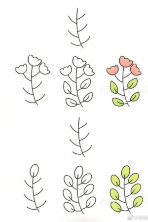 Guia passo a passo para desenhar flores, começando com um caule simples e adicionando folhas e pétalas gradualmente. Ideal para quem procura desenhos faceis, este tutorial ajuda você a fazer passo a passo belas ilustrações florais.