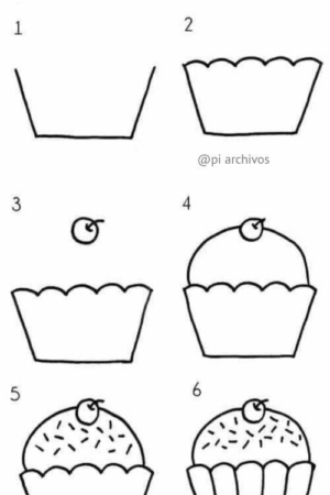 Guia de desenho passo a passo de um cupcake, desde uma embalagem vazia (passo 1) até um cupcake totalmente decorado (passo 6). Ideal para quem busca desenhar fácil, este tutorial é ótimo para artistas de todos os níveis que buscam melhorar suas habilidades passo a passo.