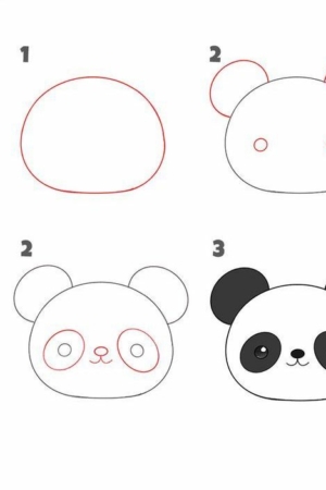 Guia passo a passo para desenhar um rosto de panda simples com cabeça arredondada, orelhas, olhos e manchas escuras. Ideal para quem procura desenhos fáceis.