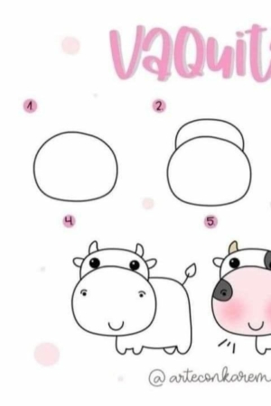 Desenhos faciais passo a passo de uma vaca: 1) contorno da cabeça, 2) orelhas e focinho, 3) chifres e rabo, 4) olhos e narinas, 5) vaca concluída.