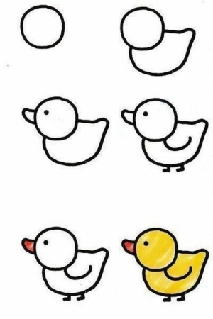 Guia passo a passo para desenhar um pato amarelo, começando com um círculo e terminando com um pato colorido. Ideal para quem busca desenhos fáceis, este tutorial simplifica o desenho com instruções claras.