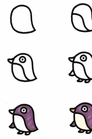 Tutorial de desenho passo a passo mostrando como desenhar um pinguim roxo de desenho animado, perfeito para quem busca desenhos fáceis.