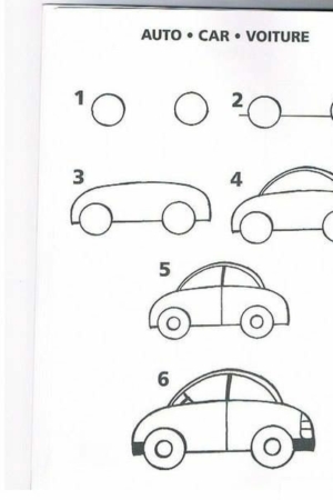 Guia de desenho passo a passo de um carro, começando com formas básicas e progredindo para uma ilustração completa do carro. Perfeito para quem busca desenhar fácil e aprender como desenhar com facilidade.