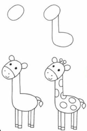 Guia passo a passo para desenhar uma girafa; começa com desenhos faciais e termina com uma ilustração colorida de uma girafa.