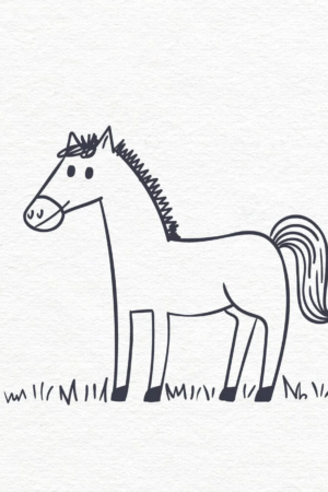 Desenho em preto e branco de um cavalo parado na grama com um estilo simples e cartunesco, perfeito para quem busca um desenho fácil para superar o tédio. Para colorir.