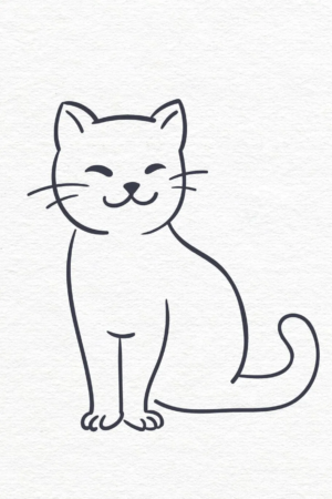 Um desenho simples de um gato sorridente e sentado em um fundo branco simples — perfeito para fazer no tédio e ideal para quem busca desenhos fáceis. Para colorir.