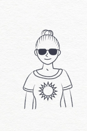 Desenho simples de uma pessoa com um coque, usando óculos escuros e uma camiseta com um desenho de sol — perfeito para aqueles momentos de fazer no tédio. Para colorir.