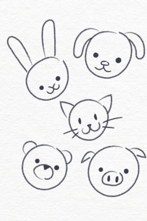 Desenhos simples de um coelho, cachorro, gato, urso e porco com rostos sorridentes em um fundo branco — perfeitos para fazer e afastar o cansaço. Para colorir.