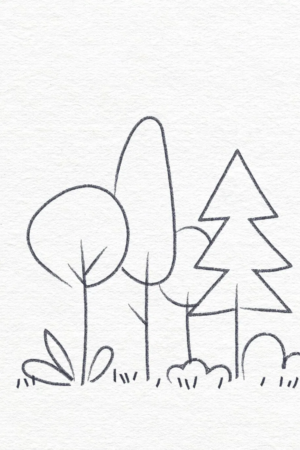 Desenho simples de três árvores e algumas plantas em um fundo branco, perfeito para quem busca um desenho fácil. Para colorir.