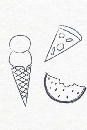 Desenhos de uma casquinha de sorvete, uma fatia de pizza e uma fatia de melancia mordida em um fundo branco – desenhos fáceis perfeitos para combater o tédio. Para colorir.