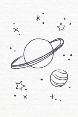 Um desenho simples de um planeta com anéis entre estrelas e outro planeta menor, perfeito para fazer quando estiver com tédio, contra um fundo branco texturizado. Para colorir.