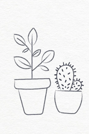 Desenho simples de uma planta frondosa em um vaso ao lado de um cacto em um vaso menor em um fundo texturizado — desenho fácil e perfeito para fazer no tédio. Para colorir.