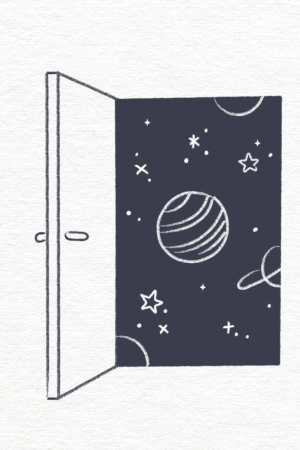 Uma porta se abre para uma cena espacial estrelada com planetas, anéis e estrelas contra um fundo escuro, perfeito para desenhar fácil quando se faz no tédio. Para colorir.