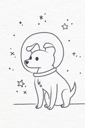 Um desenho de um cachorro usando um capacete espacial com estrelas ao redor, perfeito para quem busca desenhos fáceis de fazer no tédio. Para Desenhar.