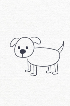 Desenho simples em preto e branco de um cachorro com corpo redondo, quatro patas, orelhas caídas e rabo abanando - perfeito para desenhos simples quando você está fazendo no tédio. Para Desenhar.