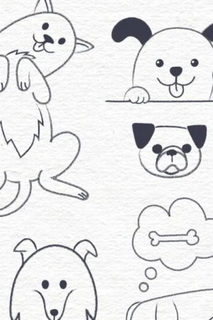 Vários desenhos de cães e itens relacionados a cães, incluindo um osso, uma casinha de cachorro e cães espiando pelas janelas — designs fáceis de tentar quando você estiver procurando algo para fazer no tédio. Para Desenhar.