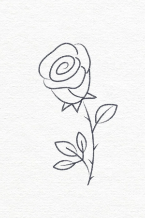 Desenho simples de uma rosa com caule e folhas em um fundo branco liso, perfeito para fazer no tédio ou para quem se interessa por desenhos fáceis. Para colorir.