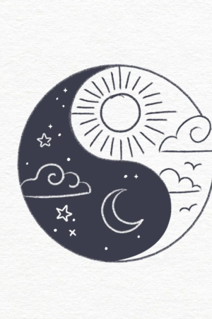 Símbolo Yin-yang com sol e nuvens no lado claro, e lua e estrelas no lado escuro, sobre um fundo branco — um projeto de desenho fácil perfeito para combater o tédio. Para colorir.