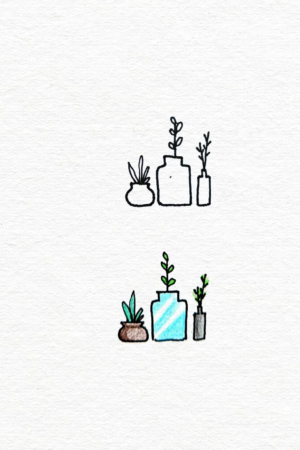 Desenho fácil simples, feito à mão, de três plantas em vasos, uma versão em preto e branco e outra colorida — uma atividade perfeita para fazer no tédio. Para Desenhar.