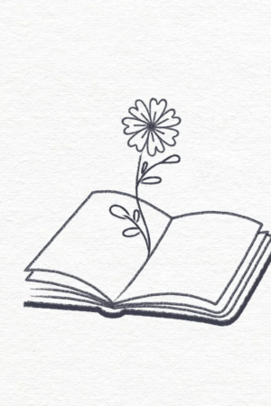 Desenho de um livro aberto com uma flor crescendo em suas páginas, ideal para fazer nos momentos de tédio. Para Desenhar.