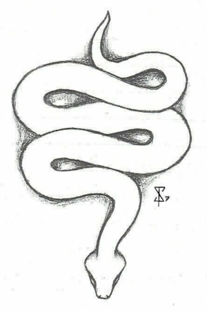 Um desenho em preto e branco de uma cobra enrolada vista de cima, perfeito para quem busca desenhos fáceis de fazer no tédio. Para Desenhar.