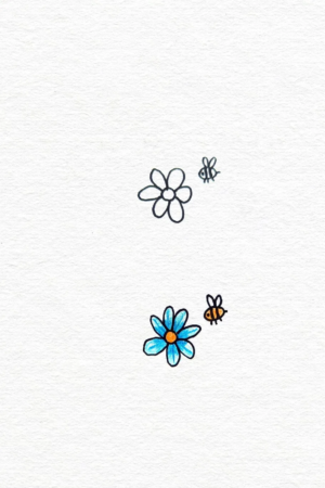 Uma pequena abelha e uma flor desenhadas em contorno preto, acompanhadas por uma abelha colorida e uma flor azul abaixo em um fundo branco; desenho fácil para fazer no tédio. Para Desenhar.