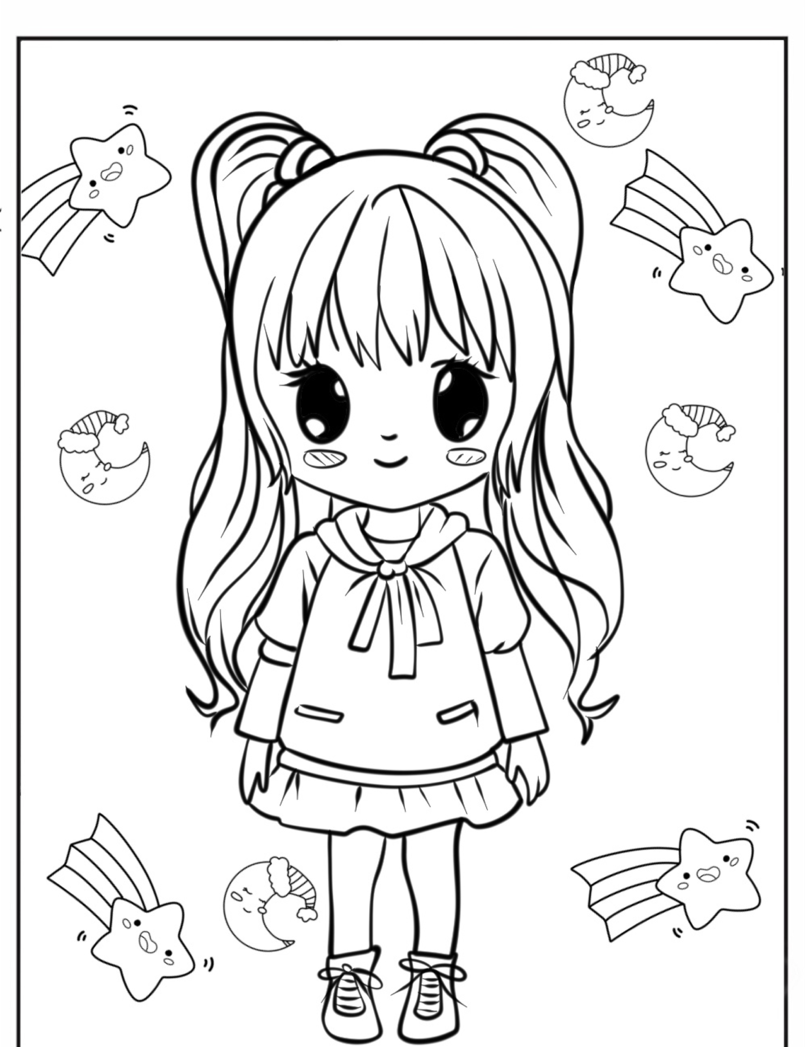 Uma linda garota de desenho animado com tranças e um vestido de marinheiro está cercada por estrelas e luas com rostos, perfeita para quem gosta de desenhos kawaii para colorir. Para colorir.