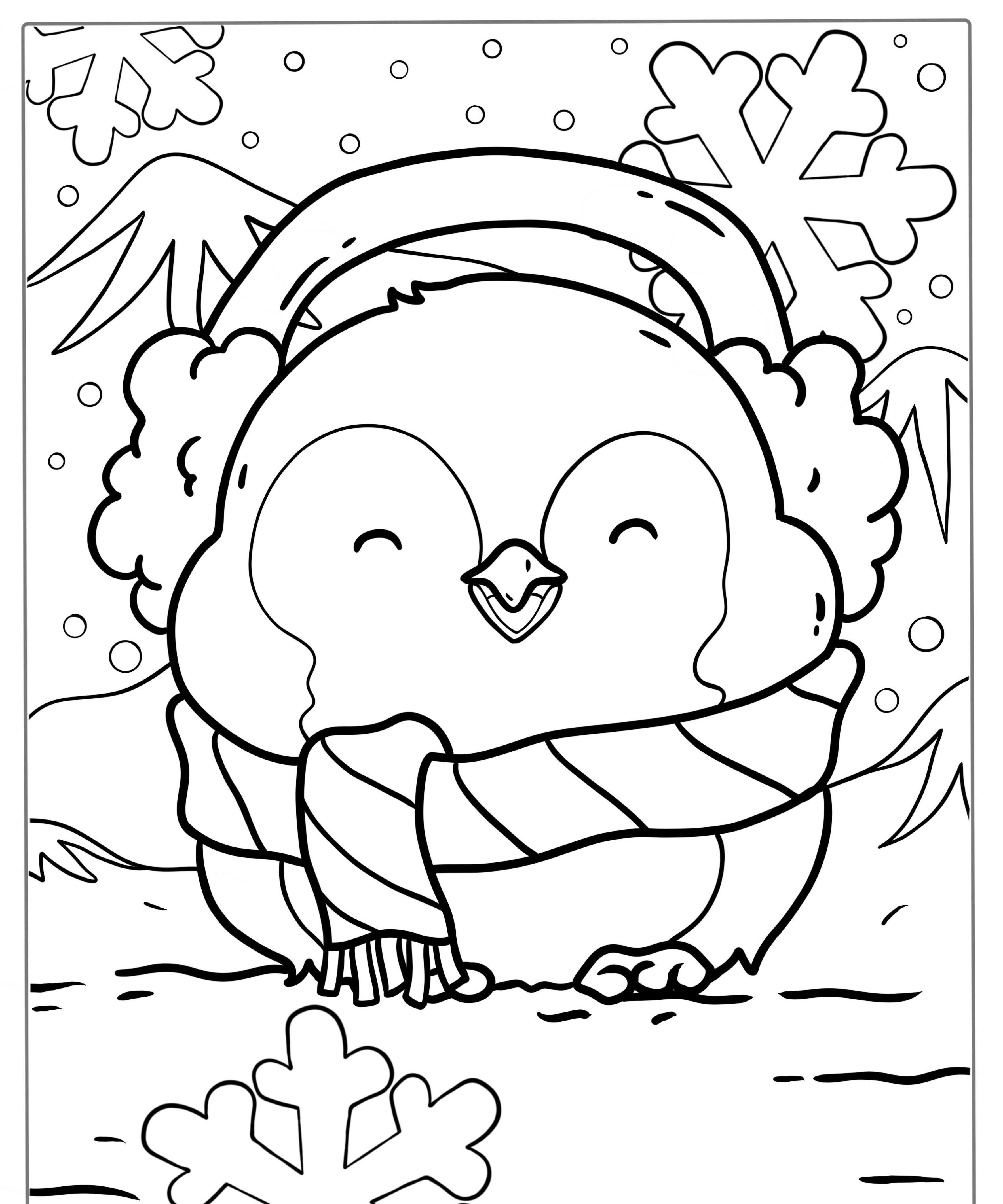 Pinguim fofo com protetores de orelha e cachecol, cercado por flocos de neve e montanhas nevadas, em um estilo de página para colorir. Perfeito para quem ama desenho kawaii para colorir e imprimir. Para colorir.