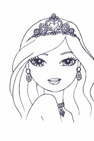 Desenho de uma princesa com cabelos longos, uma tiara de joias, brincos e um colar. Este desenho fofo captura seu charme elegante perfeitamente. Para desenhar.