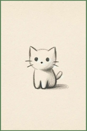 Desenho simples a lápis de um gatinho fofo, de olhos arregalados, sentado com uma expressão curiosa, em um fundo simples. Para desenhar.