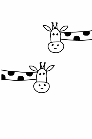 Duas girafas de desenho animado, com expressões faciais simples e fofas, estendem seus pescoços estampados para os lados em um estilo de desenho fofo. Para desenhar.