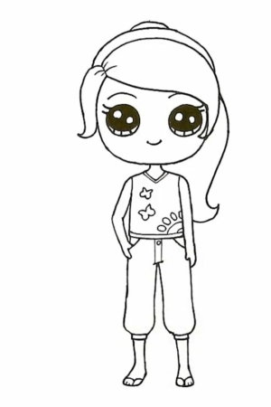 Linda garota de desenho animado com olhos grandes, rabo de cavalo lateral, mão no quadril, vestindo uma blusa estampada com estrelas e calças largas, em um estilo de desenho simplista. Para desenhar.