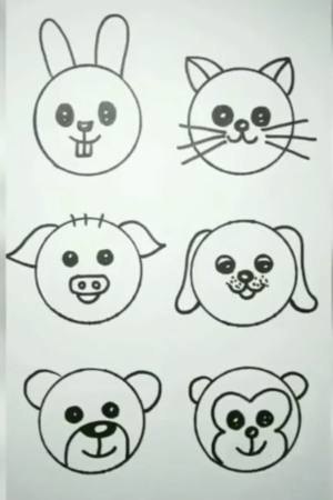 Seis rostos de animais simples e fofos desenhados em linhas pretas: um coelho, um gato, um porco, um cachorro, um urso e um macaco. Perfeito para desenhar! Para desenhar.