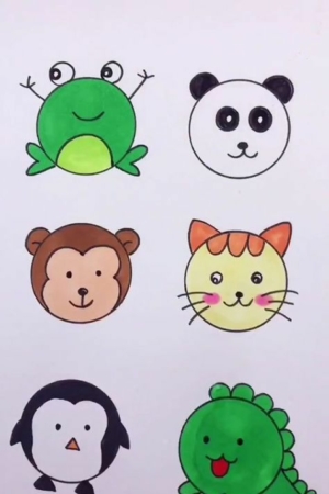 Adorável desenho de animais: um sapo, panda, macaco, gato, pinguim e dinossauro, todos em um fundo branco. Para desenhar.