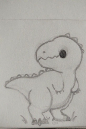 Desenho fofo de um dinossauro fofo virado para a direita, com braços pequenos, corpo arredondado e pequenos espinhos nas costas. Para desenhar.