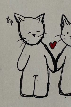 Um desenho fofo simples de dois gatos em pé, de mãos dadas, com um coração entre eles e notas musicais acima de suas cabeças, perfeito para desenhar e alegrar seu dia. Para desenhar.