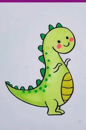 Dinossauro verde fofo de desenho animado com uma cauda longa, braços pequenos e bochechas rosadas em pé sobre as patas traseiras contra um fundo branco. Este desenho fofo é perfeito para crianças que amam desenhar suas criaturas pré-históricas favoritas. Para desenhar.