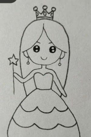 Um desenho fofo, estilo esboço, de uma princesa segurando uma varinha de condão, usando uma coroa e um vestido recortado. Para desenhar.