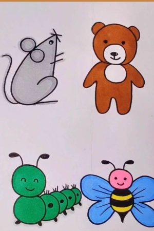 Desenho fofo de um rato cinza, um urso marrom, uma lagarta verde e uma borboleta azul com cabeça rosa. Para desenhar.