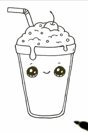 Desenho fofo de um milkshake com um canudo, uma cereja no topo e um rosto sorridente com olhos grandes e brilhantes. Para desenhar.