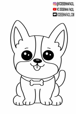 Ilustração em preto e branco de um cão fofo de desenho animado com uma coleira de osso. Alças de mídia social e informações do site no canto. Para desenhar.