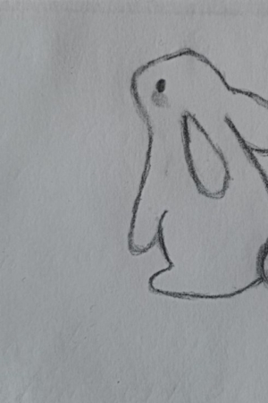 Um simples esboço a lápis de um coelho sentado e olhando para a esquerda, perfeito como um Desenho Fofo. Para desenhar.