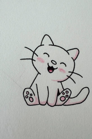 Desenho simples de um gato feliz e sorridente com olhos fechados, bochechas rosadas e sentado com as patas para fora — um desenho fofo que todo mundo vai adorar! Para desenhar.