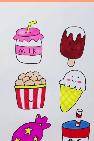 Desenhos fofos de comida: milkshake, sorvete de chocolate, pipoca, casquinha de sorvete, doces e um copo de refrigerante, todos com rostos sorridentes. Desenho fofo que com certeza vai fazer você sorrir! Para desenhar.