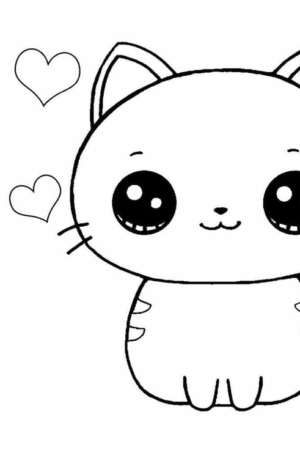 Um gatinho fofo de desenho animado com olhos grandes e pequenos corações ao redor, desenhado em um estilo simples de desenho em preto e branco. Para desenhar.