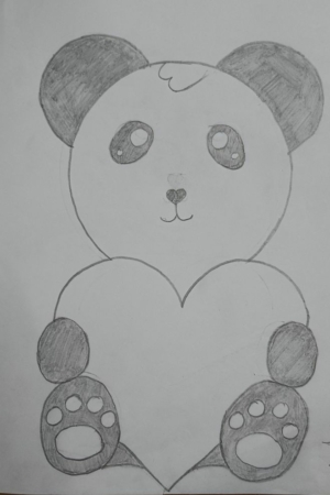 Um desenho fofo a lápis de um panda segurando um coração com suas patas e grandes olhos fofos. Para desenhar.