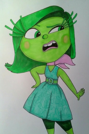 Personagem verde animada com cílios longos em um vestido turquesa e cachecol rosa, fazendo uma pose frustrada. Este desenho é fofo e expressivo, perfeito para quem gosta de desenhar personagens únicos. Para desenhar.